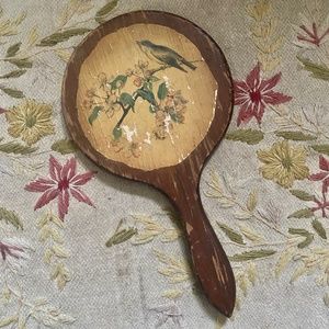 VTG I Long Handle Round Wood Hand Mirror Bird Dogwood Flowers